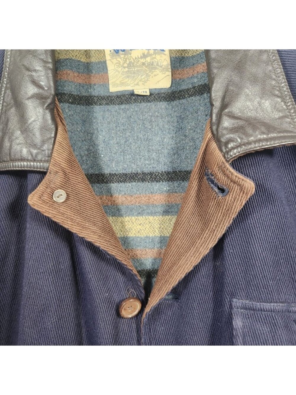 The Bay 1960s Cotton Wool Mens XL Barn Coat Navy Leather Collar Blanket Lined - Picture 4 of 14